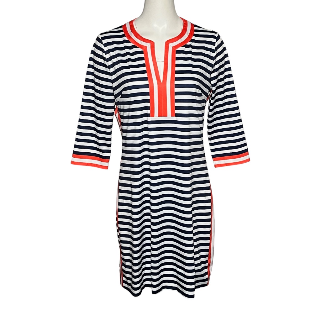 Gretchen Scott Designs Navy & White Striped Long Sleeve Tunic With Coral Trim